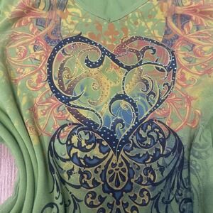 Essentials Y2K Green V Neck Short Sleeve Rhinestone Heart Graphic T Shirt Top